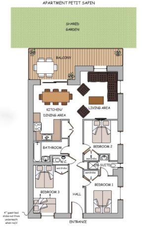 The single level floor plan for Petit Sapin in Morzine