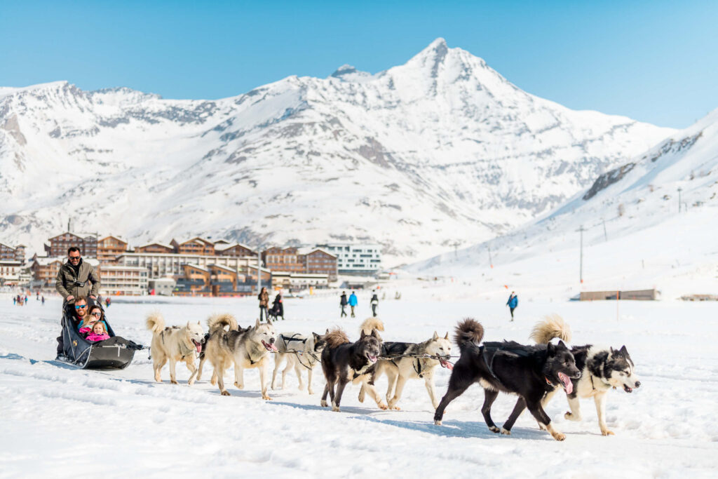 Dog-sled team travelling across the snow in Tignes. © Andy Parant