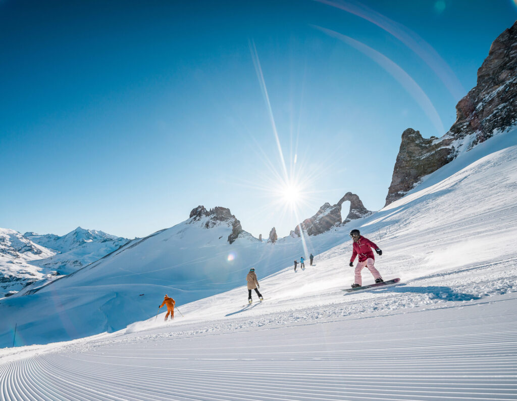 Skiers enjoying the high mountain slopes of Tignes. © Andy Parant