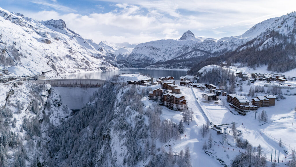 Aerial winter view across the snow-covered landscape around Tignes. © Nils Gubelmann
