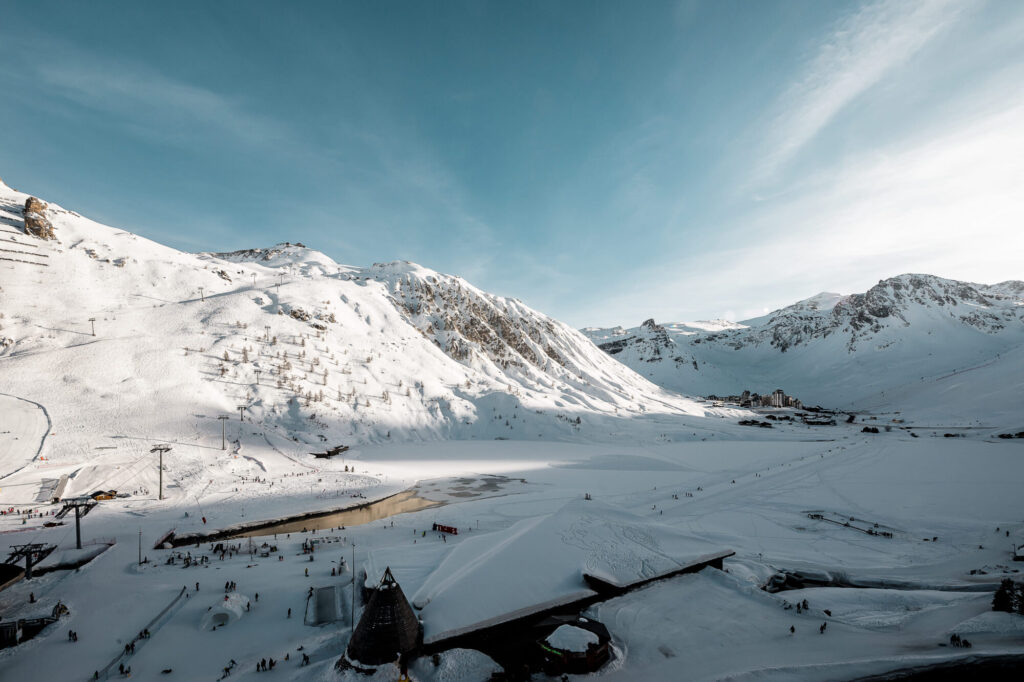 Snow-covered Tignes surrounded by dramatic mountain scenery. © Andy Parant